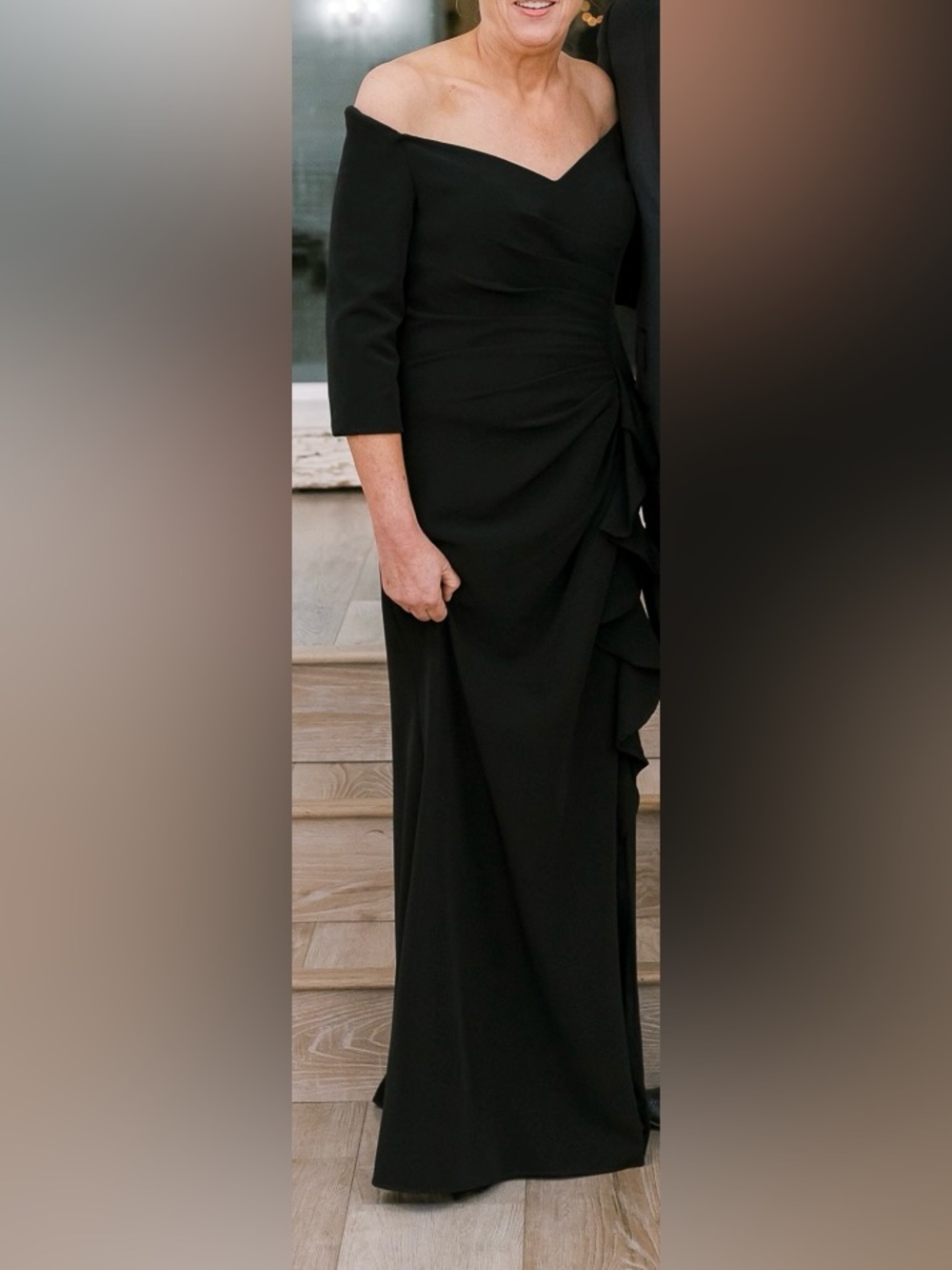 Classic Black Long Off the Shoulder Ruffle-Front Dress